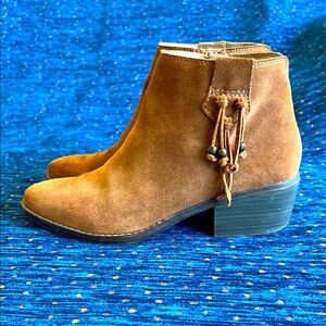 Western style Brown leather Ankle Boots with beaded side tassel and Stacked Heel